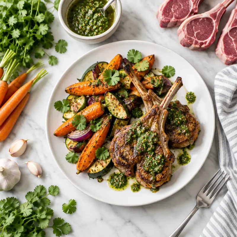 Lamb Chops with Middle Eastern Cilantro Sauce (Chermoula) & Veggies, plated
