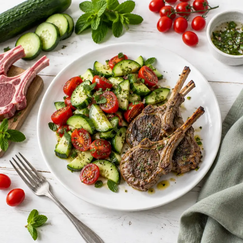 Lamb Chops with Minty Cucumber & Tomato Salad, plated
