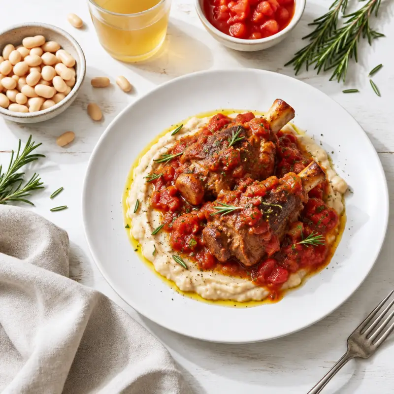 Lamb in Tomato Sauce with Rosemary White Bean Purée, plated