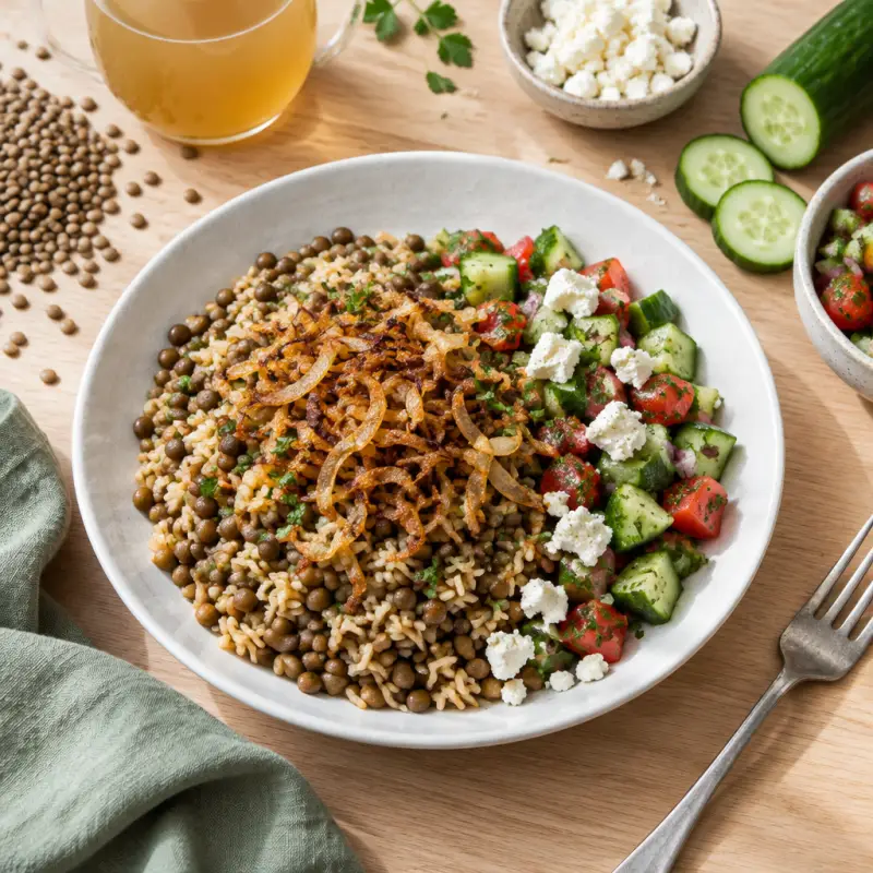 Lebanese Lentils, Rice & Fried Onions (Mujadara) with Chopped Salad, plated
