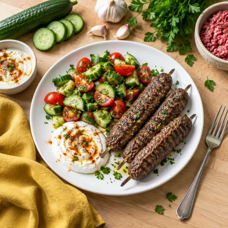 Lebanese-Style Beef Kabobs with Cucumber-Tomato Salad & Paprika Yogurt, plated