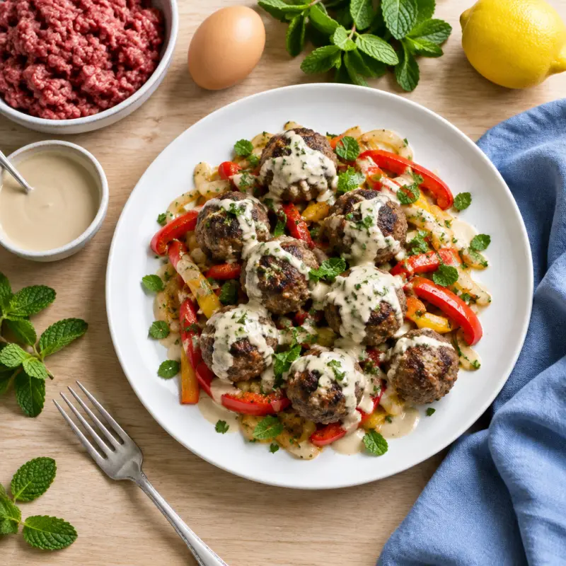 Lebanese-Style Beef Meatballs with Tahini Sauce, Peppers & Onions, plated
