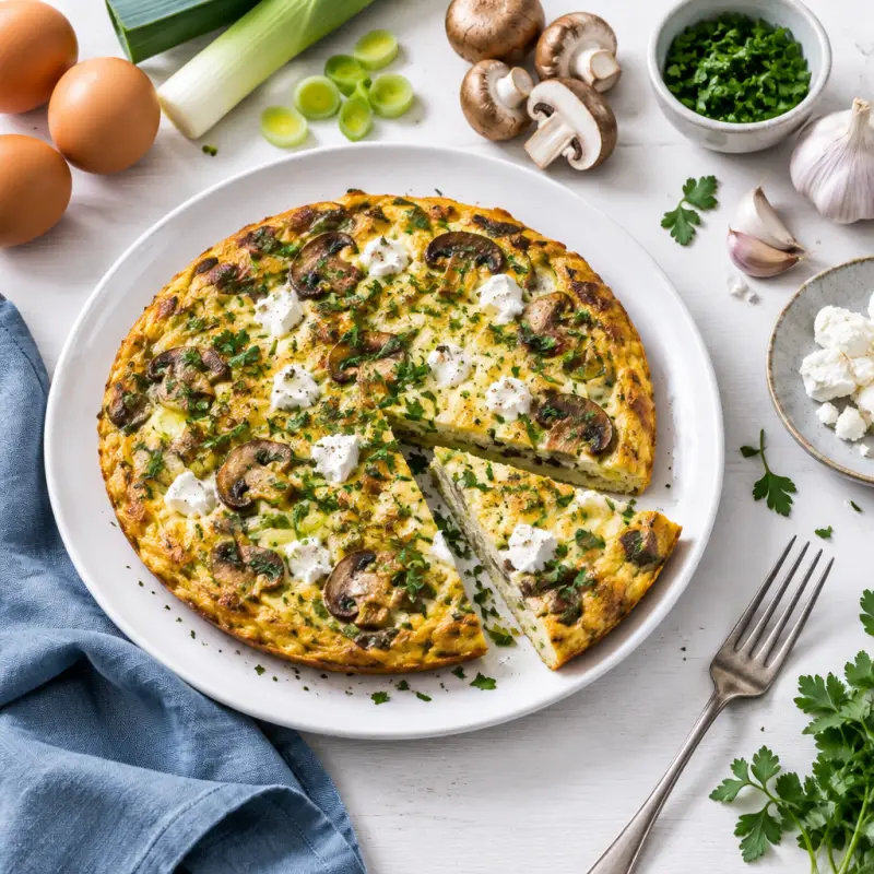 Leek, Mushroom & Goat Cheese Frittata, plated