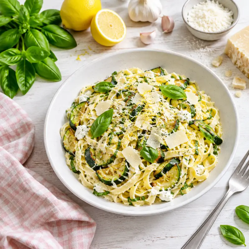 Lemon-Basil Ricotta Pasta with Sautéed Zucchini & Parmesan, plated