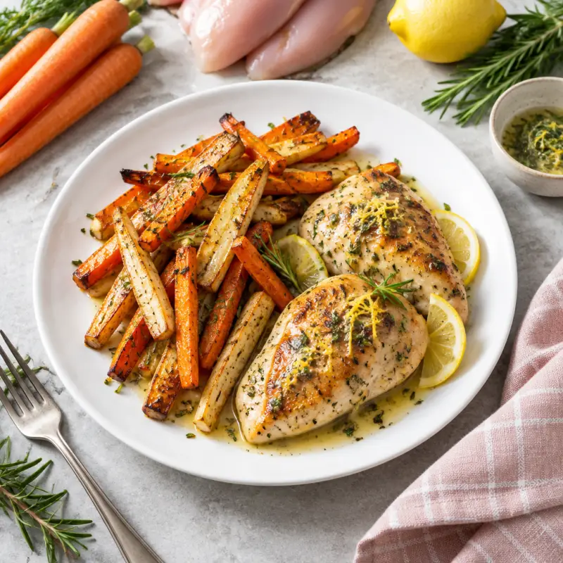 Lemon-Butter Chicken with Honey-Roasted Parsnips & Carrots, plated