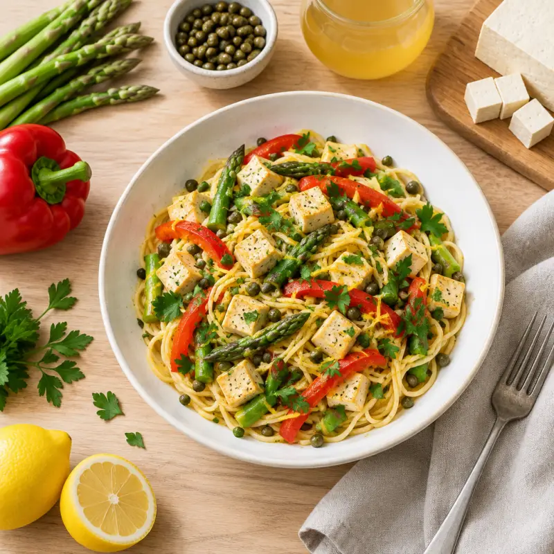 Lemon-Caper Spaghetti with Tofu, Asparagus, Bell Pepper & Parsley, plated