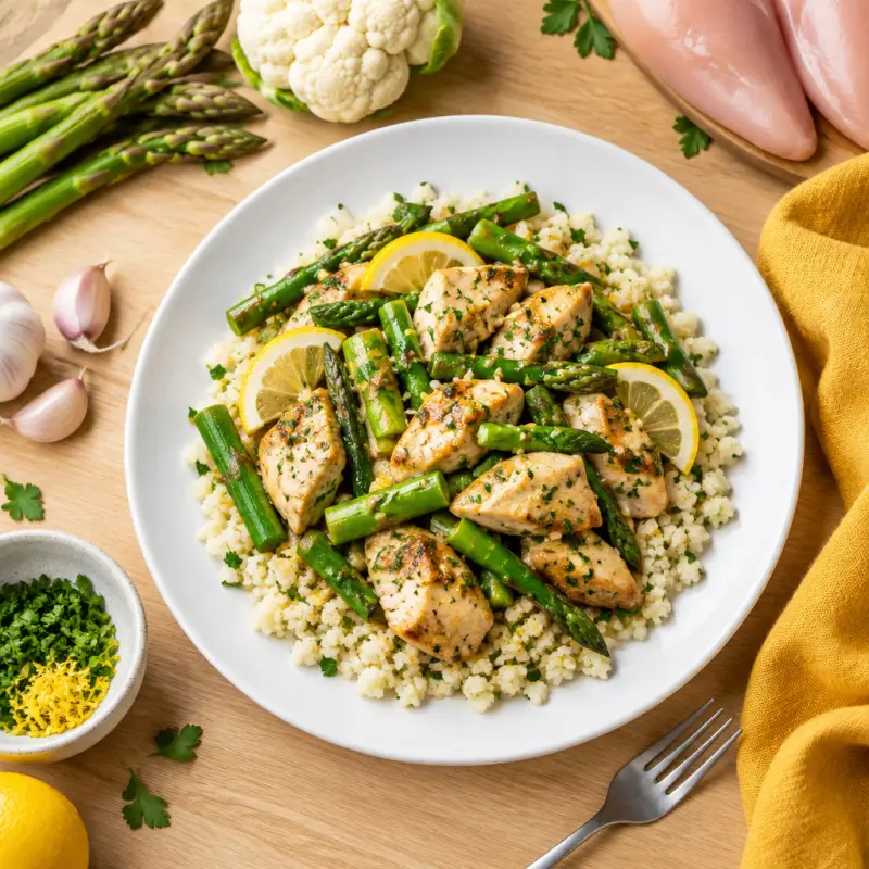 Lemon Chicken & Asparagus Stir Fry with Cauliflower Rice, plated
