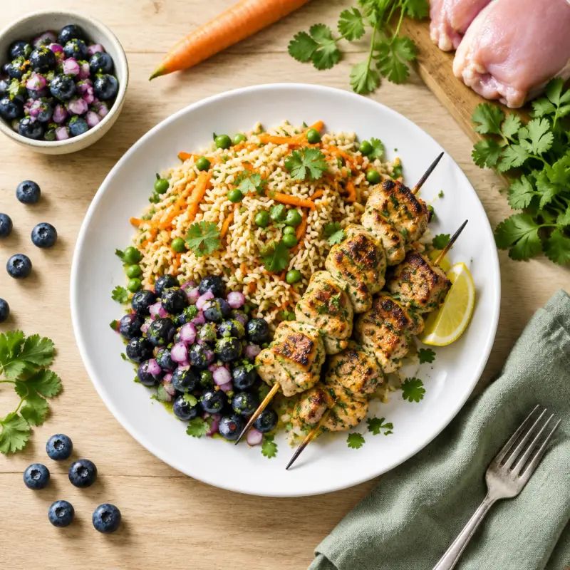 Lemon-Cilantro Chicken Kebab with Veggie Rice Pilaf & Blueberry Salsa, plated