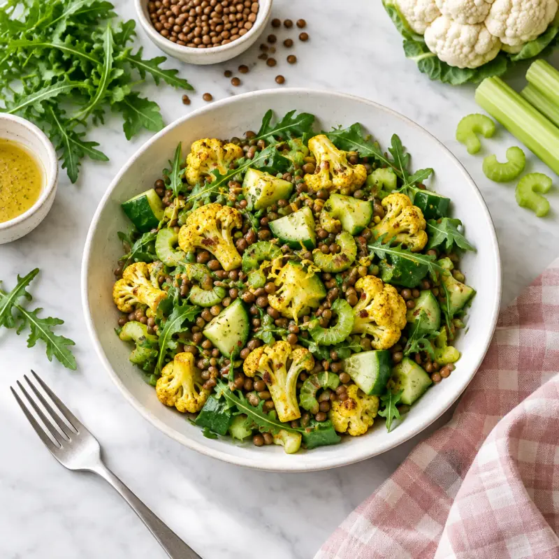 Lemon-Curry Lentil Salad with Crunchy Cauliflower, Cucumber & Arugula, plated