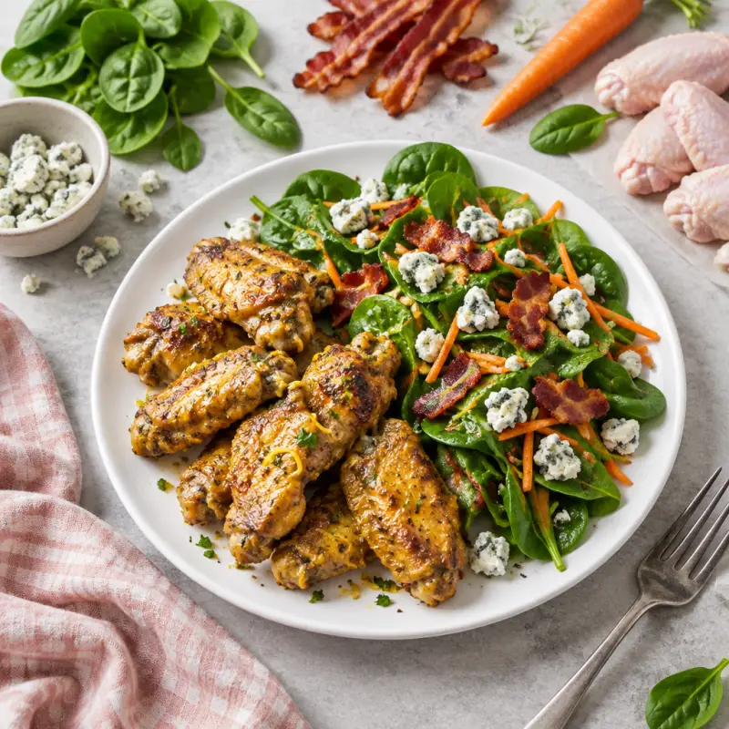 Lemon-Dijon Chicken Wings with Bacon, Blue Cheese & Spinach Salad, plated