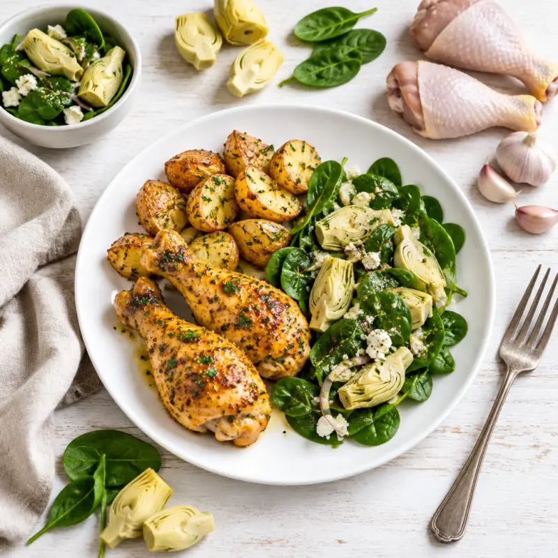 Lemon Dijon Drumsticks with Roast Potatoes & Spinach-Artichoke Salad, plated