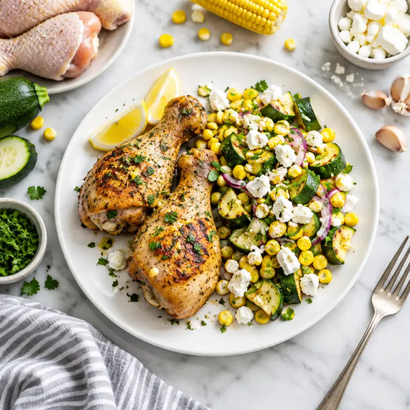 Lemon-Garlic Chicken Drumsticks with Zucchini, Corn & Feta Salad, plated