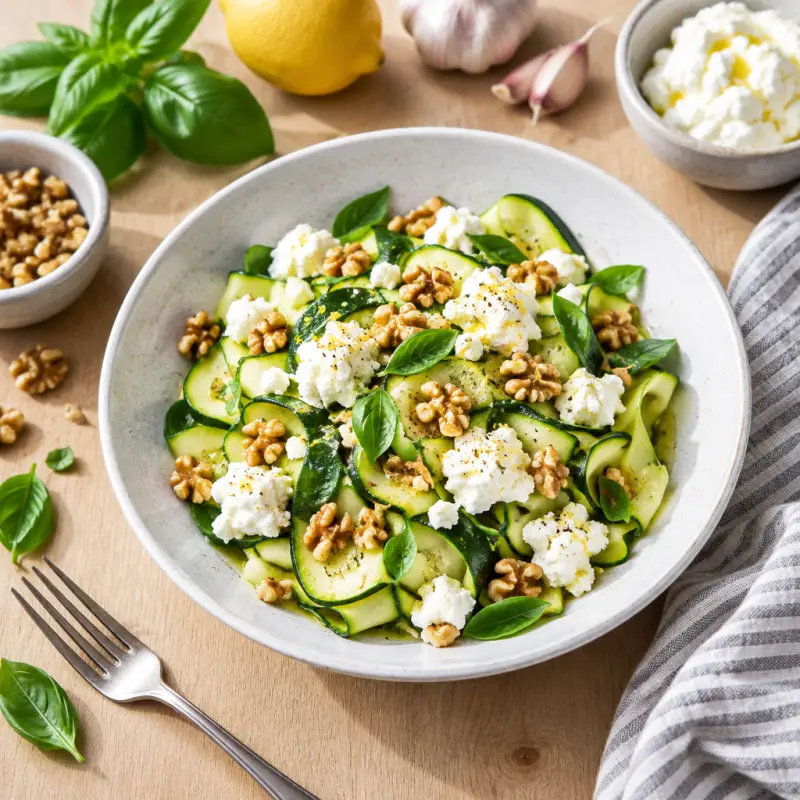 Lemon-Garlic Zucchini Salad with Walnuts & Ricotta Cheese, plated
