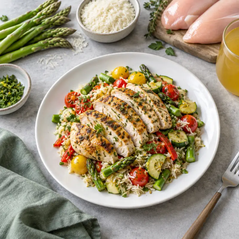 Lemon-Herb Chicken over Warm Vegetable Primavera Rice Salad, plated