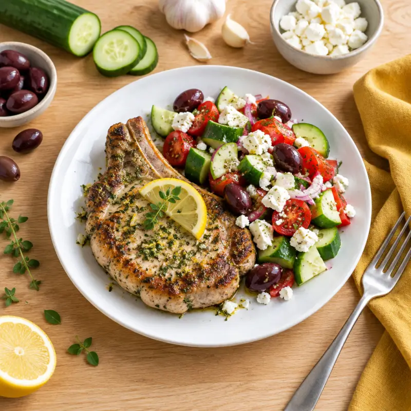 Lemon-Herb Pork Chop with Feta & Greek Salad, plated