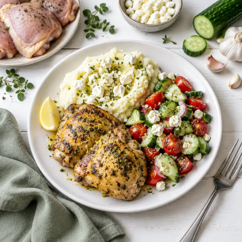 Lemon Oregano Chicken, Feta Mashed Potatoes & Cucumber-Tomato Salad, plated