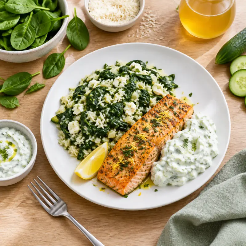 Lemon-Oregano Salmon with Greek Spinach-Rice (Spanakorizo) &  Tzatziki, plated