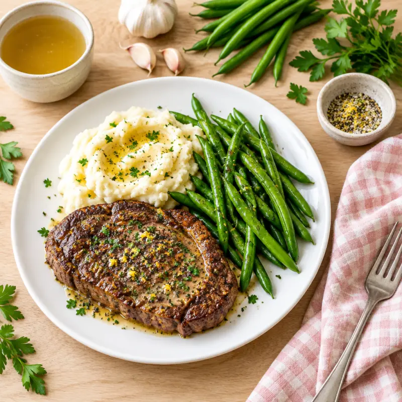 Lemon Pepper Steak with Mashed Potatoes & Green Beans, plated