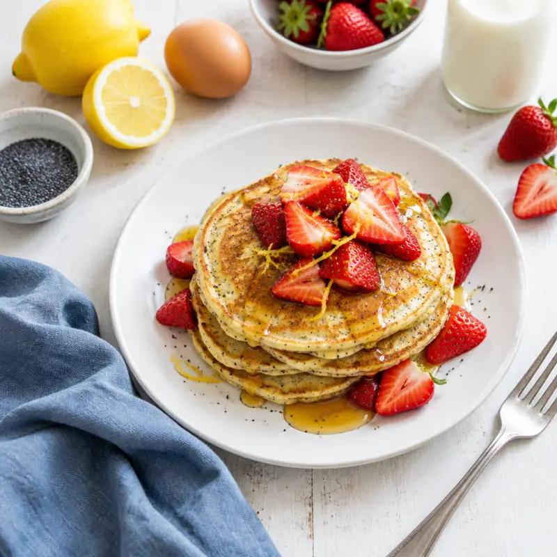 Lemon Poppy Seed Pancakes with Strawberries & Maple Syrup, plated