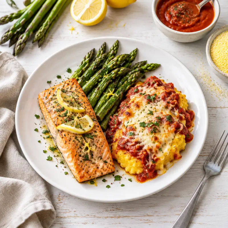Lemon-Roasted Salmon & Asparagus with Cheesy Polenta Marinara Bake, plated