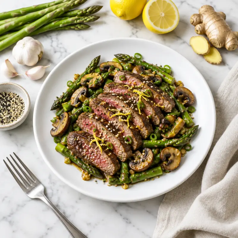 Lemon-Soy Steak with Asparagus, Mushrooms, Ginger & Sesame Seeds, plated