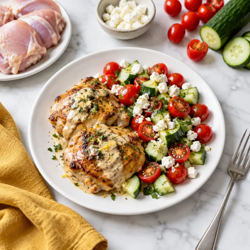 Lemon-Tahini Chicken Thighs with Tomato, Cucumber & Feta Salad, plated