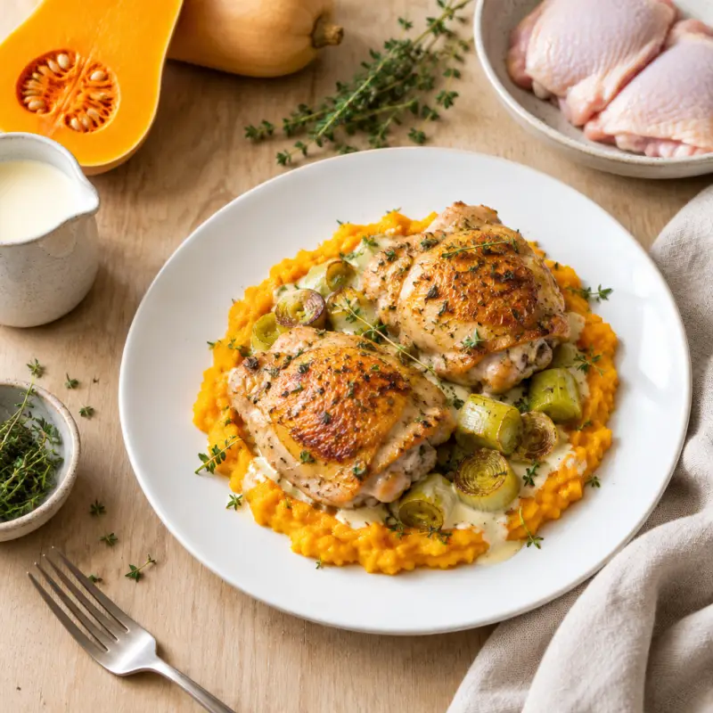 Lemon-Thyme Roasted Chicken & Leeks over Mashed Butternut Squash, plated