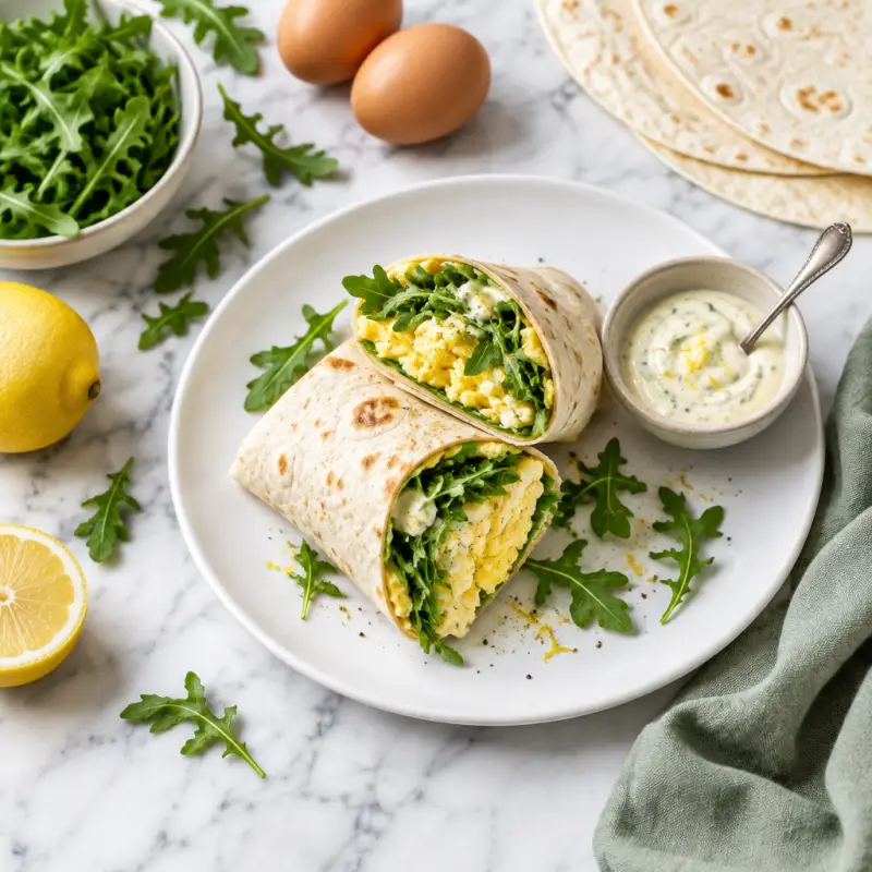 Lemony Arugula & Egg Wrap with Zesty Aioli, plated
