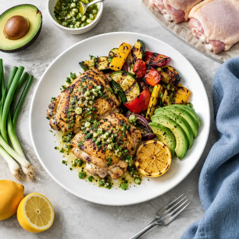 Lemony Chicken Thighs with Charred Scallion Dressing & Grilled Veggies, plated