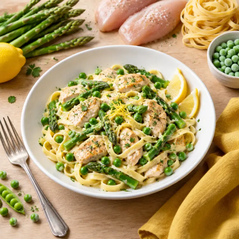 Lemony Pasta Primavera with Chicken, Asparagus & Peas, plated