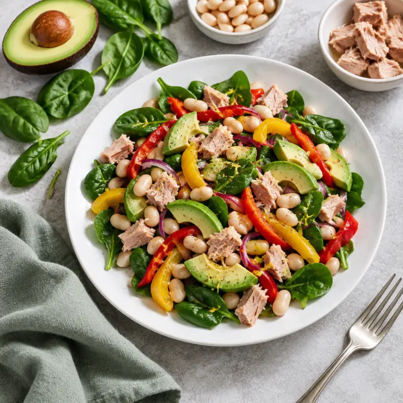 Lemony Tuna, White Bean & Sweet Pepper Spinach Salad, plated