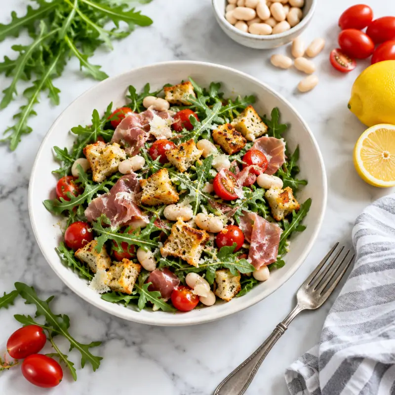 Lemony White Bean-Arugula Salad with Prosciutto & Homemade Croutons, plated