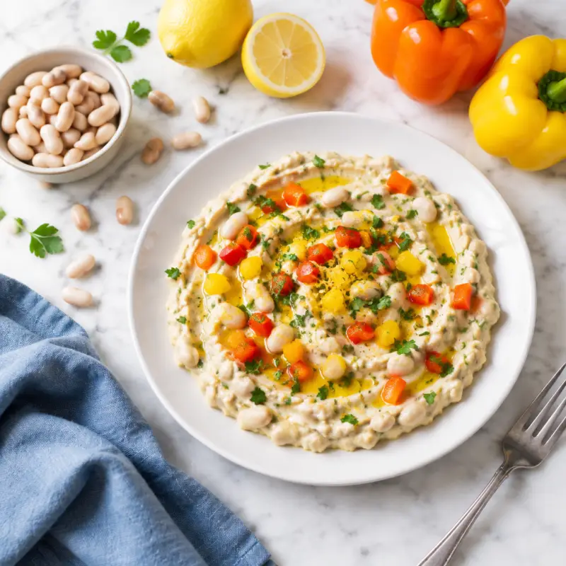 Lemony White Bean Dip with Bell Pepper, plated