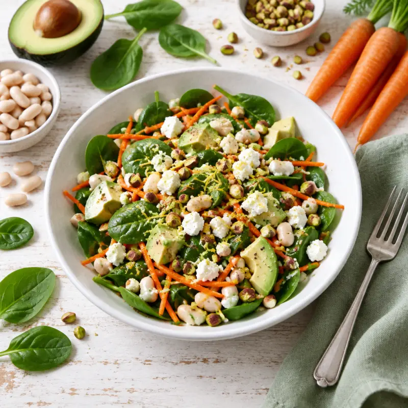 Lemony White Bean Spinach Salad Topped with Feta & Pistachios, plated