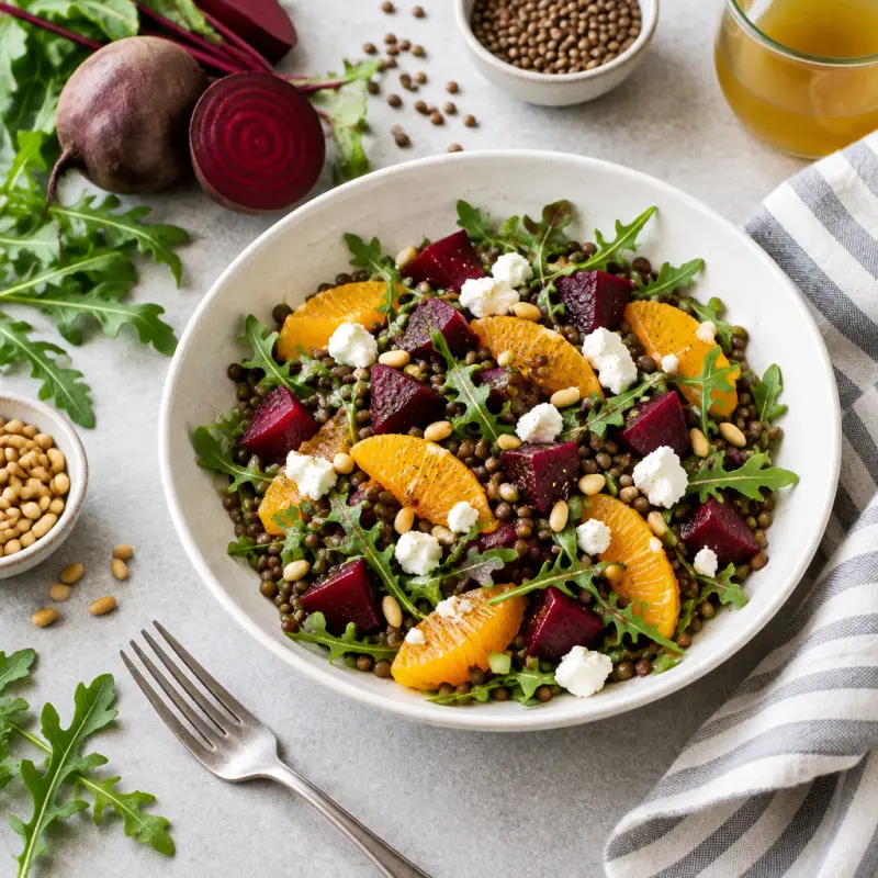 Lentil-Arugula Salad with Beets, Oranges, Pine Nuts & Goat Cheese, plated