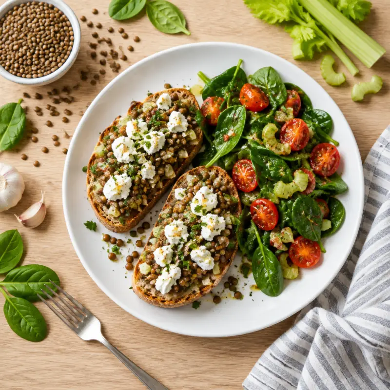 Lentil & Goat Cheese Tartines with Warm Tomato-Dressed Spinach Salad, plated