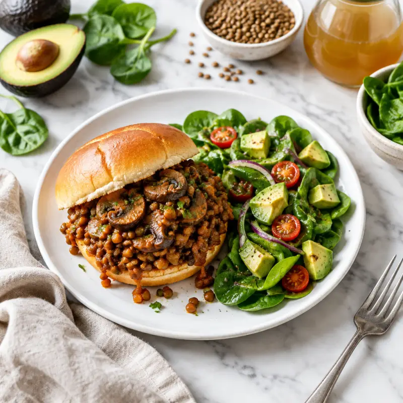 Lentil & Mushroom Sloppy Joes with Avocado-Spinach Salad, plated