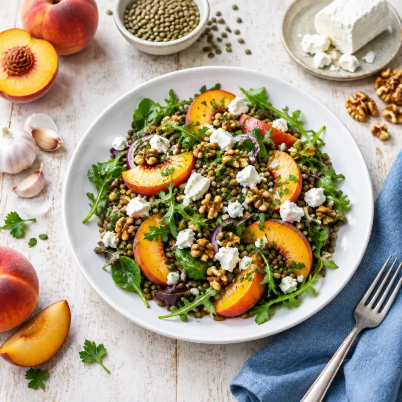 Lentil, Peach & Greens Salad with Goat Cheese & Walnuts, plated