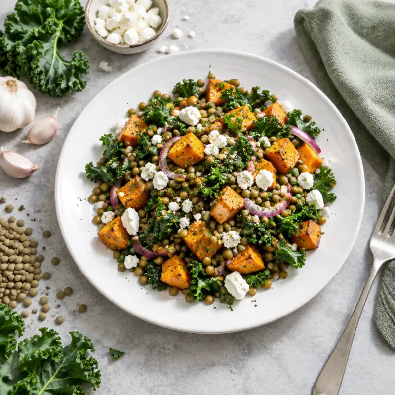 Lentil, Sweet Potato & Kale Salad with Feta, plated