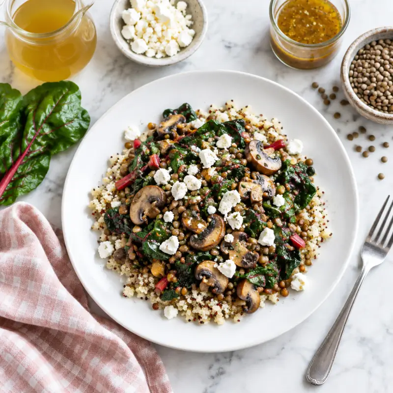 Lentil, Swiss Chard & Mushroom Sauté with Feta over Quinoa, plated