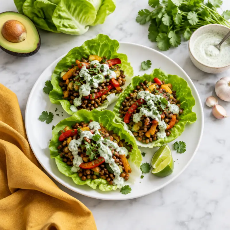 Lentil Taco Lettuce Wraps with Sautéed Veggies & Lime Crema, plated