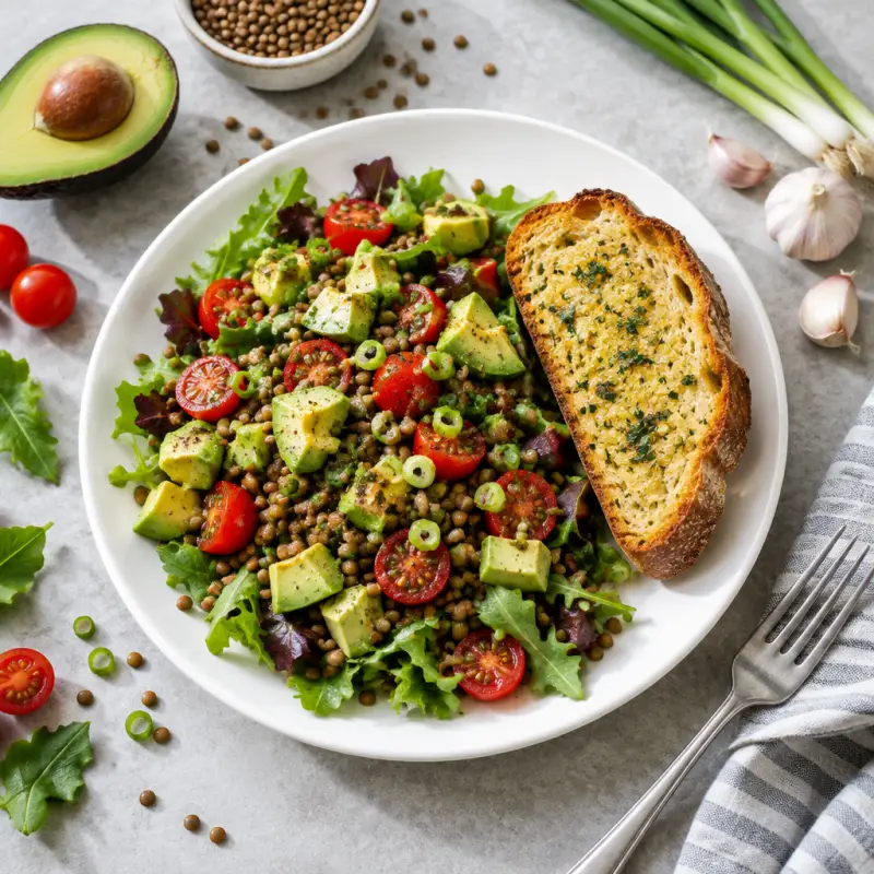 Lentil, Tomato & Mixed Greens Salad with Avocado & Garlic Bread, plated