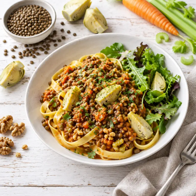 Lentil-Walnut "Bolognese" Fettuccine with Artichoke Mixed Greens, plated