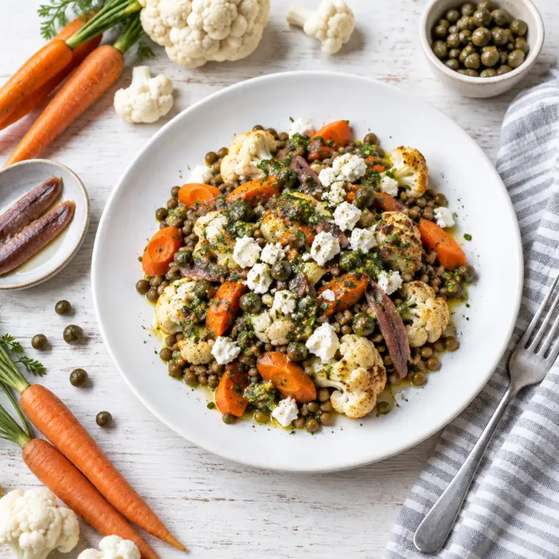 Lentils with Cauliflower, Carrots, Caper-Anchovy Salsa Verde & Feta, plated
