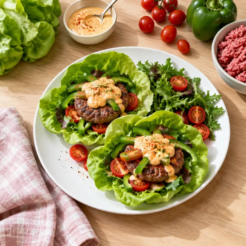 Lettuce Wrap Burgers with Fresh Greens & Paprika Aioli, plated