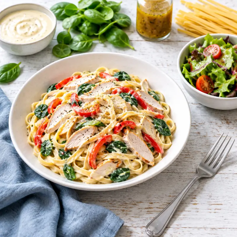 Linguine Alfredo with Deli Turkey, Bell Pepper, Spinach & Side Salad, plated