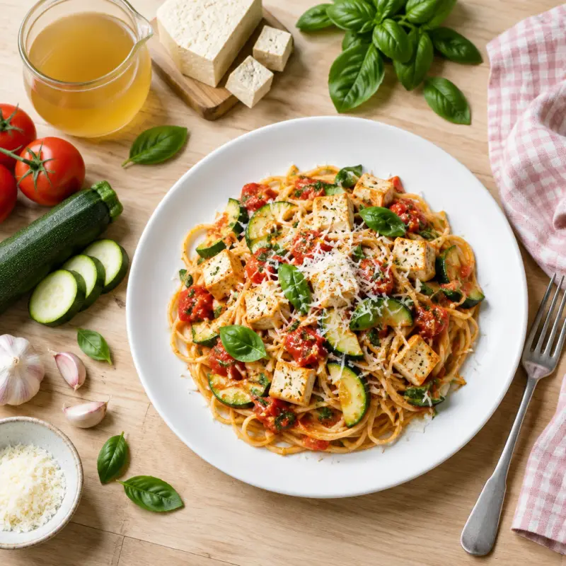 Linguini with Tofu, Fresh Tomato Sauce, Zucchini, Basil & Parmesan, plated