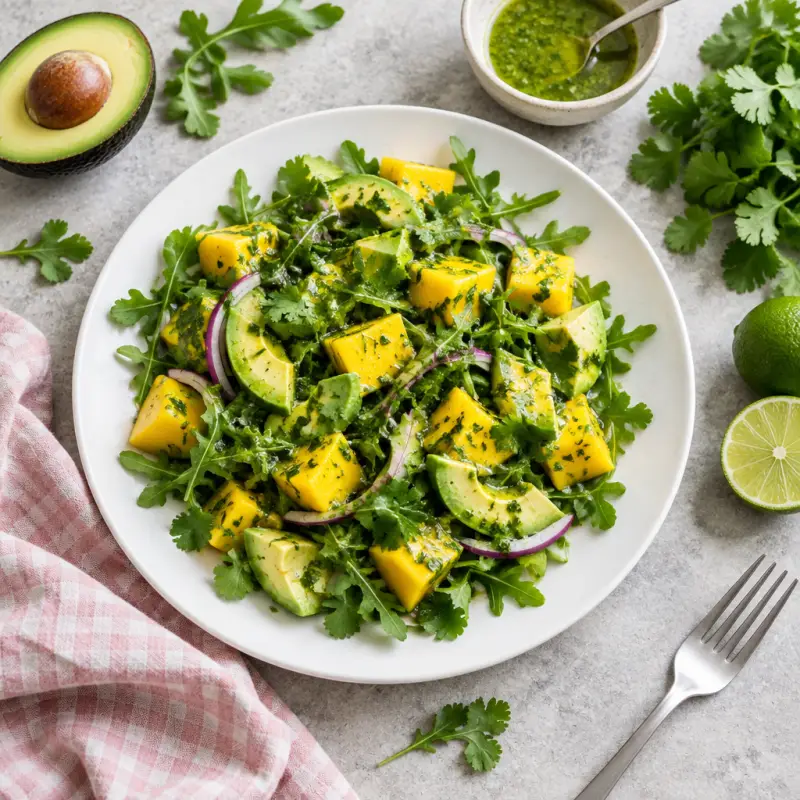 Mango, Avocado & Arugula Salad with Cilantro-Lime Dressing, plated