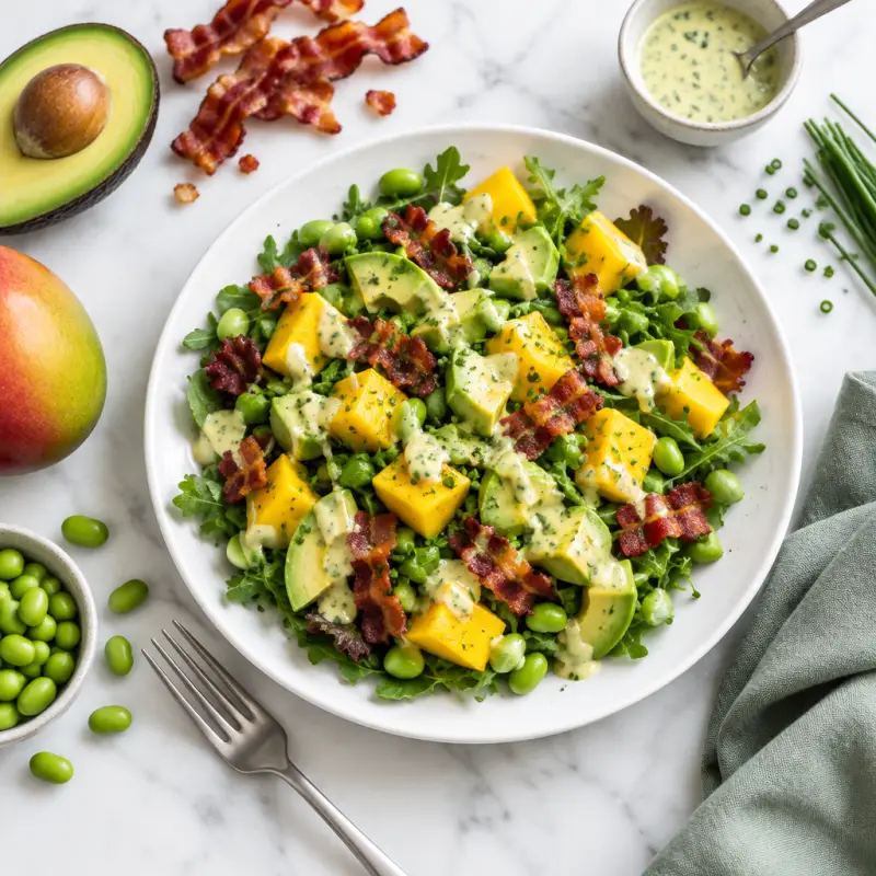 Mango, Avocado & Bacon Salad with Lemony Chive Dressing, plated