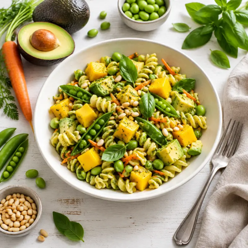 Mango-Avocado Pesto Pasta Salad with Snap Peas, Edamame & Pine Nuts, plated